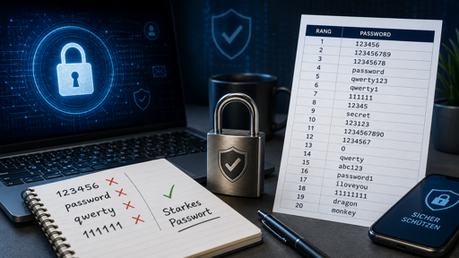 Laptop mit digitalem Sicherheitsschloss, Liste der häufigsten schwachen Passwörter und Symbolen für Passwortschutz und Cybersecurity in blauem Farbstil.