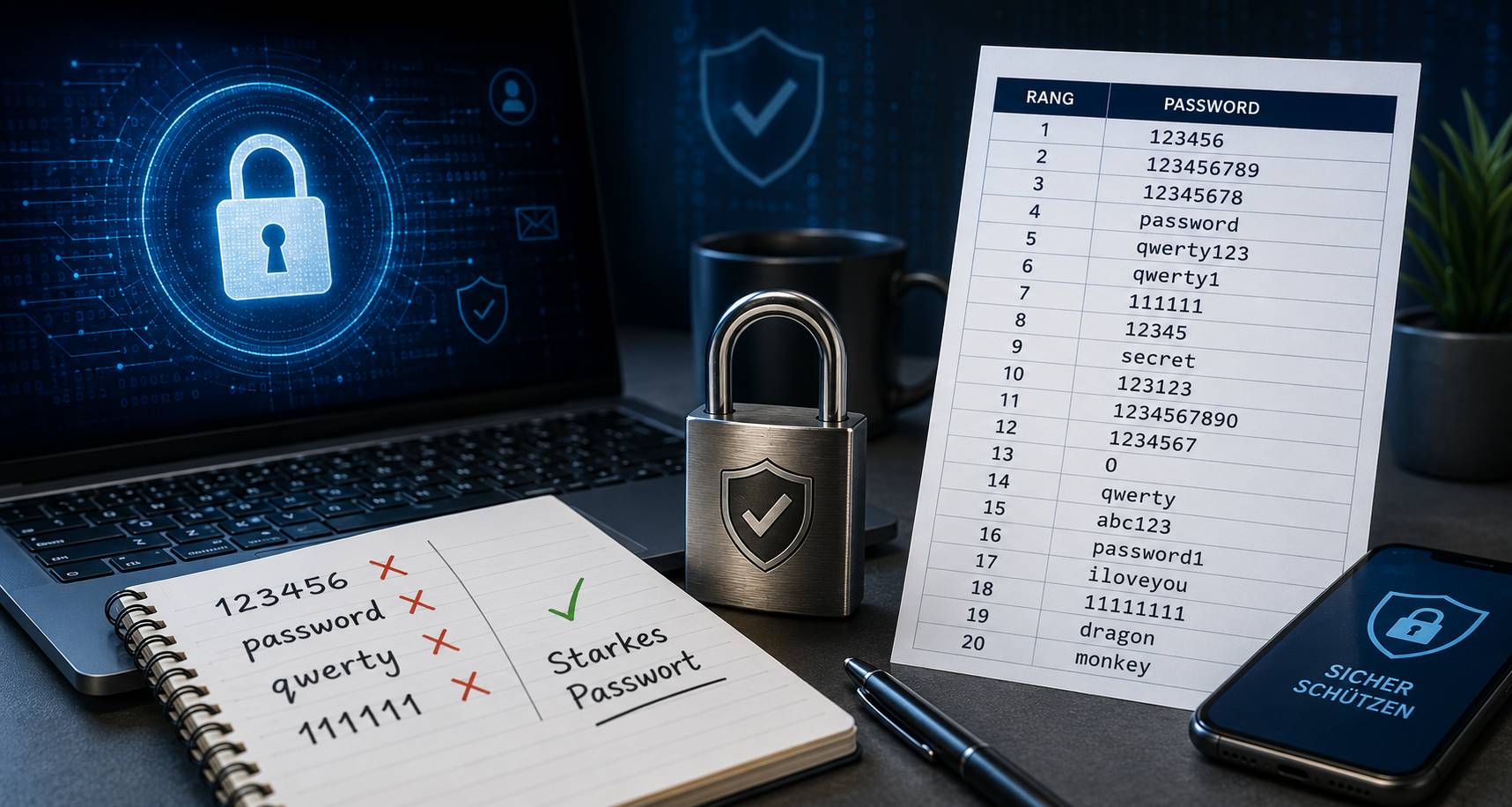 Laptop mit digitalem Sicherheitsschloss, Liste der häufigsten schwachen Passwörter und Symbolen für Passwortschutz und Cybersecurity in blauem Farbstil.