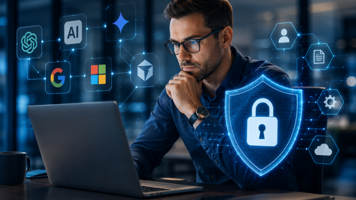 Symbolbild zum Einsatz verschiedener KI-Anwendungen in Unternehmen und den damit verbundenen Herausforderungen für Cybersecurity, Zugriffsrechte und IT-Sicherheit.