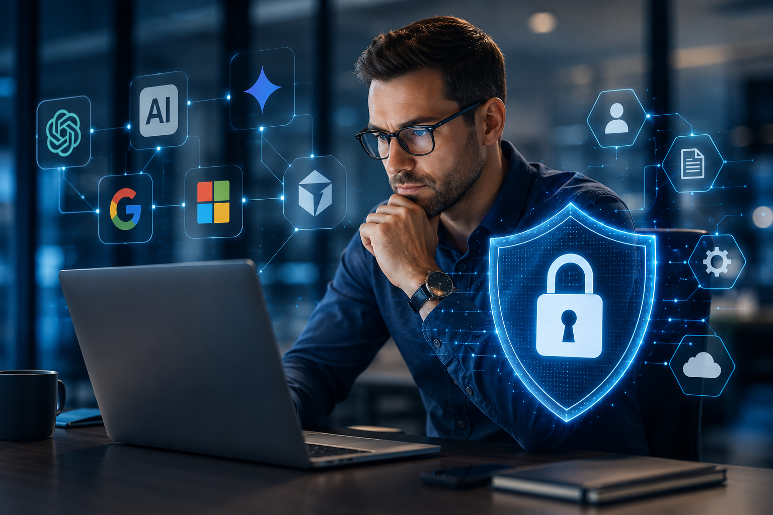 Studie Je mehr KI-Anwendungen, desto grösser das Sicherheitsrisiken Symbolbild zum Einsatz verschiedener KI-Anwendungen in Unternehmen und den damit verbundenen Herausforderungen für Cybersecurity, Zugriffsrechte und IT-Sicherheit.