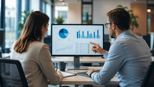Zwei Fachpersonen analysieren Cybersecurity-Kennzahlen und Sicherheitsrisiken auf einem Monitor während einer Besprechung im modernen Büro.