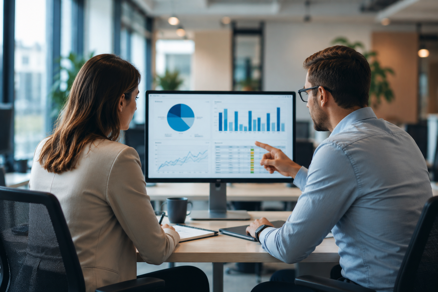 Führungskräfte sind zu optimistisch bezüglich der Cybersecurity ihrer Unternehmen Zwei Fachpersonen analysieren Cybersecurity-Kennzahlen und Sicherheitsrisiken auf einem Monitor während einer Besprechung im modernen Büro.