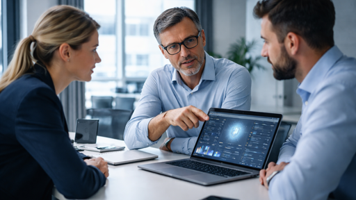 Drei Mitarbeitende besprechen IT-Sicherheit anhand eines Laptops mit Analyse-Dashboard in einem KMU-Umfeld.