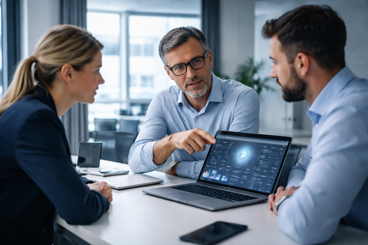 Drei Mitarbeitende besprechen IT-Sicherheit anhand eines Laptops mit Analyse-Dashboard in einem KMU-Umfeld.