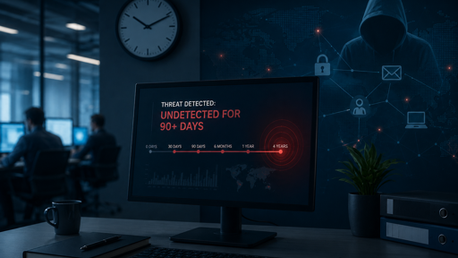 Cybersecurity-Monitor mit unentdeckter Cyberbedrohung, Angreifer und digitalem Netzwerk als Symbol für Cyberangriffe, die in Unternehmen lange unbemerkt bleiben.