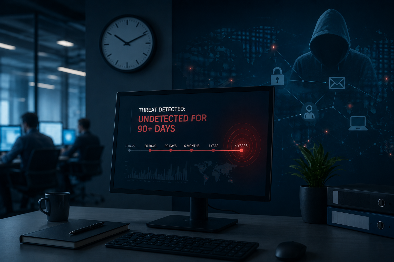 Cybersecurity-Monitor mit unentdeckter Cyberbedrohung, Angreifer und digitalem Netzwerk als Symbol für Cyberangriffe, die in Unternehmen lange unbemerkt bleiben.