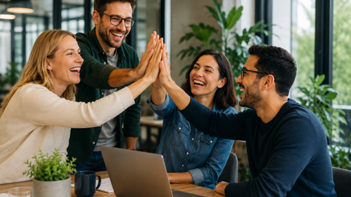 Vier Mitarbeitende in einem modernen, hellen Büro feiern gemeinsam einen Erfolg mit einem High-Five über einem Besprechungstisch mit Laptop und Pflanzen.