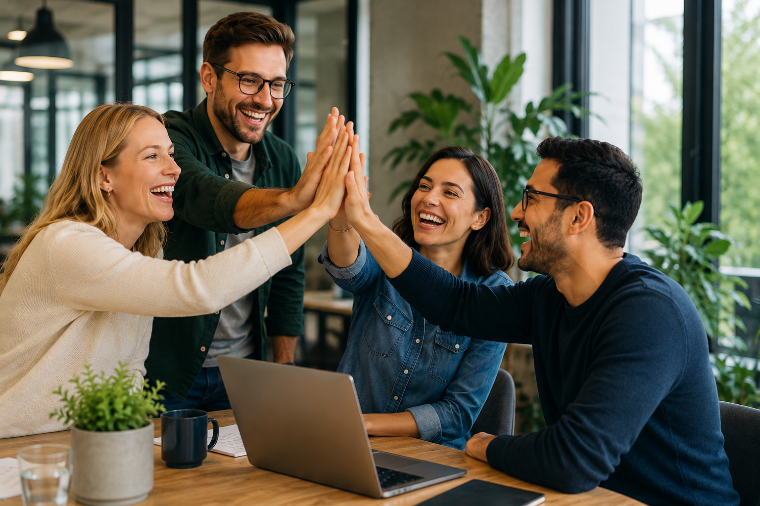 Vier Mitarbeitende in einem modernen, hellen Büro feiern gemeinsam einen Erfolg mit einem High-Five über einem Besprechungstisch mit Laptop und Pflanzen.