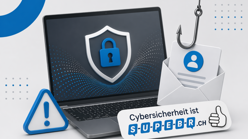 Laptop mit Schutzschild, Phishing-Haken und E-Mail-Symbol sowie SUPER-Kampagnenlogo in Blau- und Grautönen