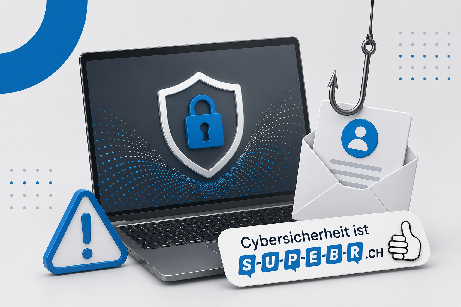 Laptop mit Schutzschild, Phishing-Haken und E-Mail-Symbol sowie SUPER-Kampagnenlogo in Blau- und Grautönen