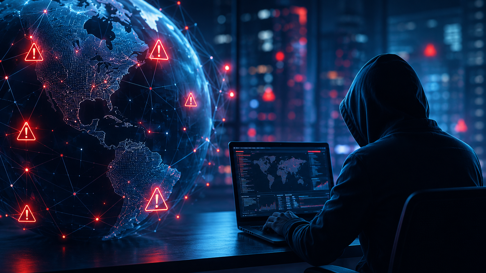 Visualisierung eines weltweiten Cyberangriffs: Ein Cyberkrimineller arbeitet an einem Laptop, während digitale Warnsymbole und ein vernetzter Globus die zunehmende Bedrohung durch Cyberangriffe, Ransomware und IT-Sicherheitsrisiken für Unternehmen darstellen.