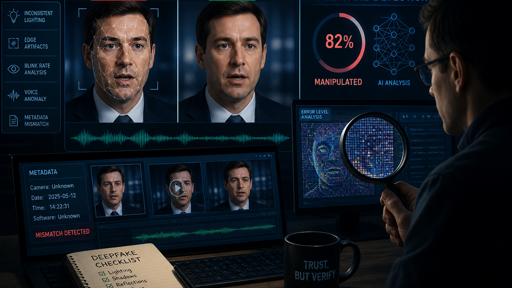 Analyse eines möglichen Deepfake-Videos auf mehreren Bildschirmen, bei dem Gesicht, Metadaten und Audio mithilfe von KI-gestuetzten Forensik-Tools auf Manipulationen untersucht werden