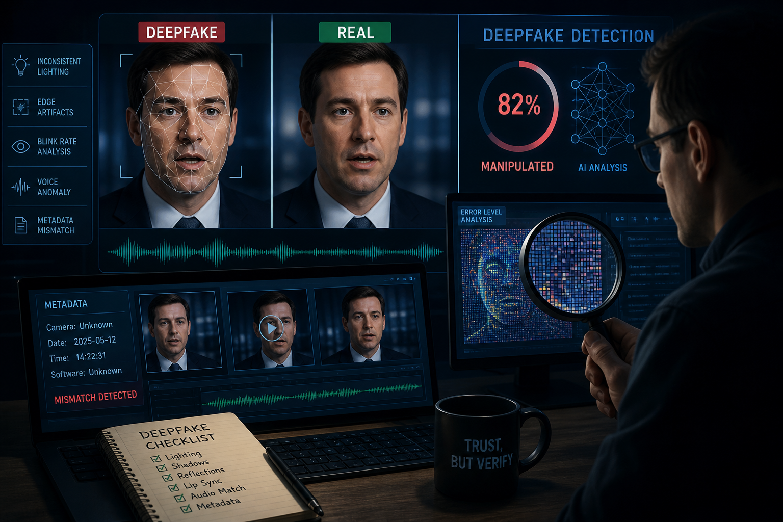 Analyse eines möglichen Deepfake-Videos auf mehreren Bildschirmen, bei dem Gesicht, Metadaten und Audio mithilfe von KI-gestuetzten Forensik-Tools auf Manipulationen untersucht werden