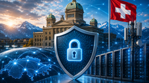 Digitales Sicherheitsschild mit Schloss vor dem Schweizer Bundeshaus, Mobilfunkanlage und Serverinfrastruktur, symbolisch für Cybersicherheit, Telekommunikation und den Schutz kritischer Infrastrukturen in der Schweiz.