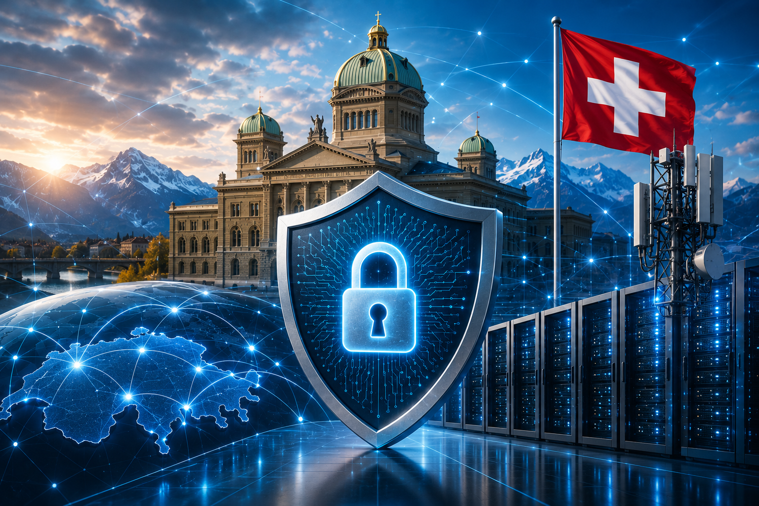 Digitales Sicherheitsschild mit Schloss vor dem Schweizer Bundeshaus, Mobilfunkanlage und Serverinfrastruktur, symbolisch für Cybersicherheit, Telekommunikation und den Schutz kritischer Infrastrukturen in der Schweiz.